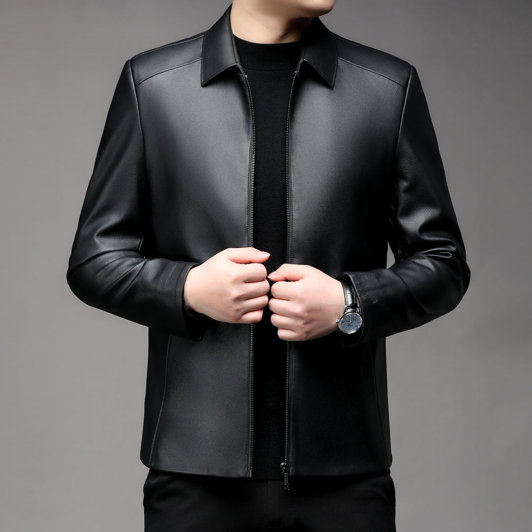 Men Smooth Faux Leather Zip Jacket with Shirt Collar and Slim Silhouette Mune Fashion