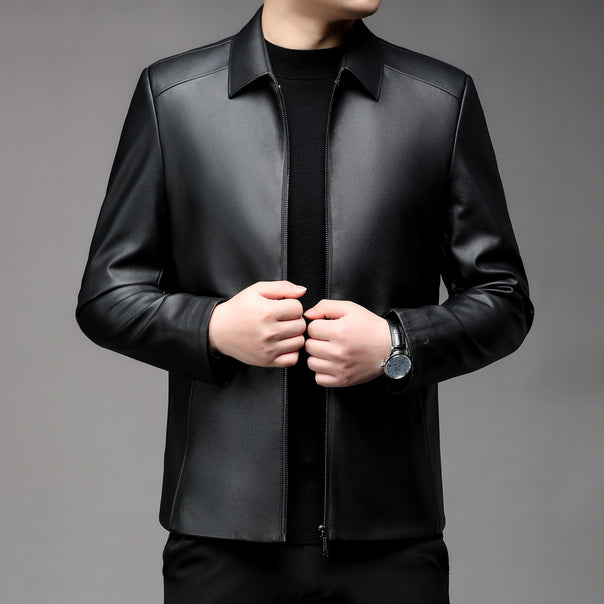 Men Smooth Faux Leather Zip Jacket with Shirt Collar and Slim Silhouette Mune Fashion