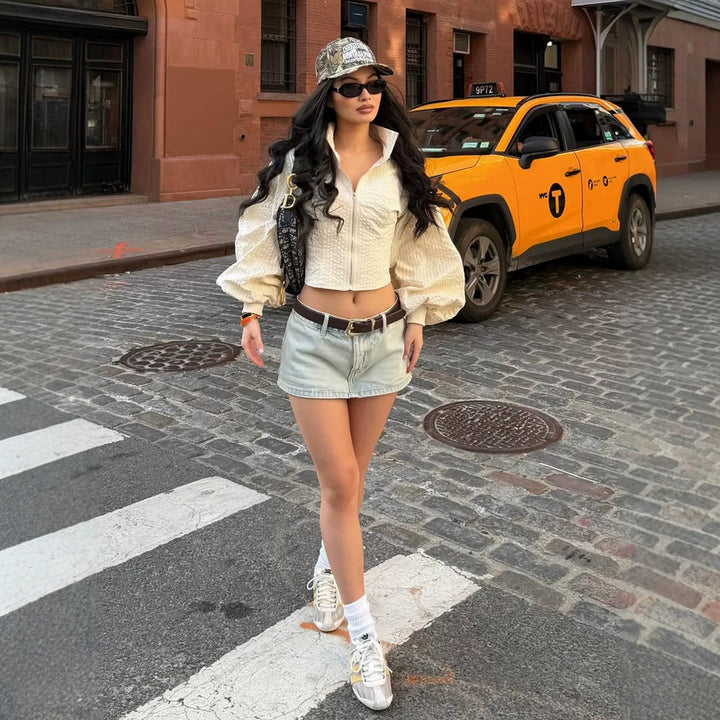 Women's Cropped Puffer Jacket with Tailored Silhouette, Textured Waffle Look and Balloon Sleeves Mune Fashion