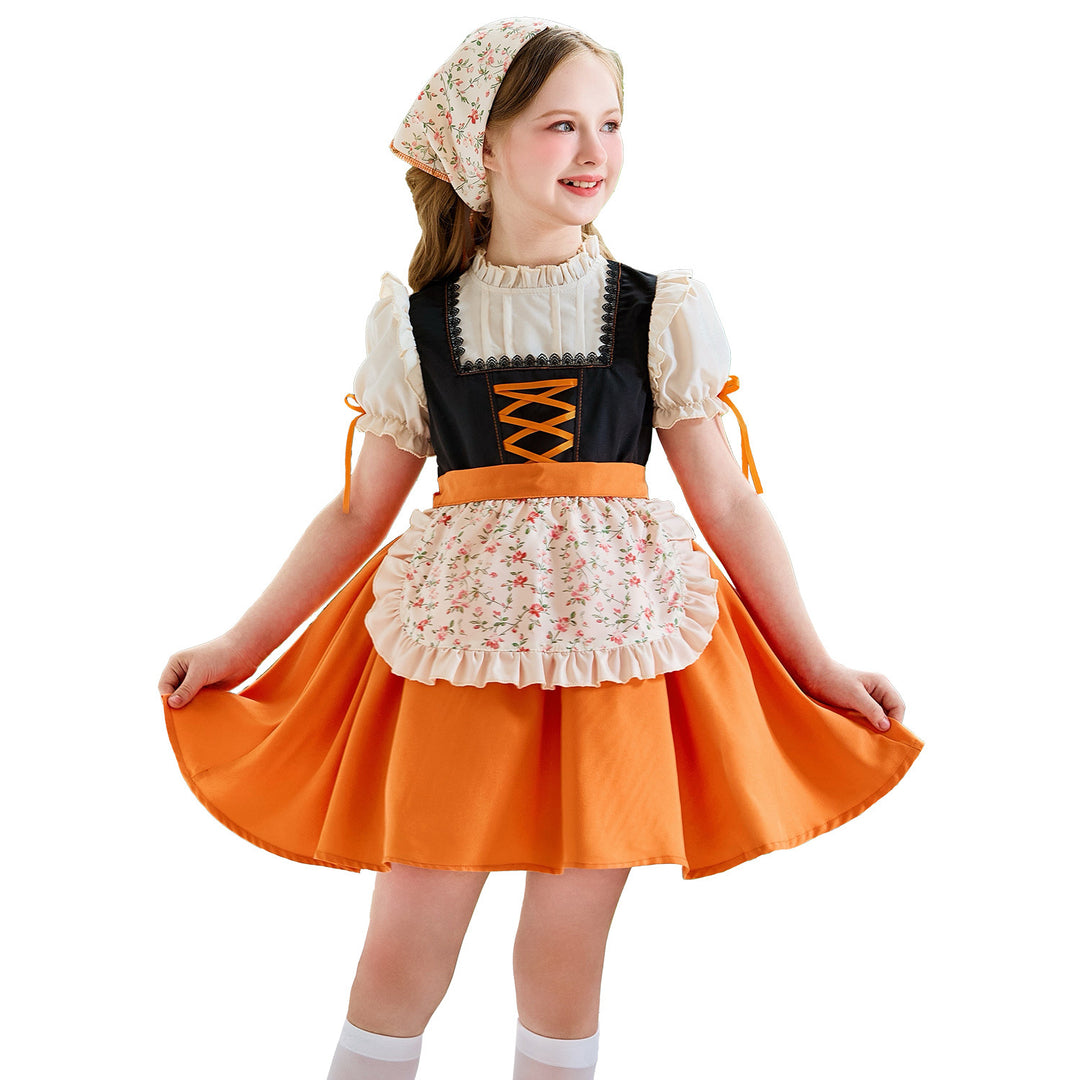 Women's traditional children's dirndl with lacing, ruffled apron, and headscarf Mune Fashion