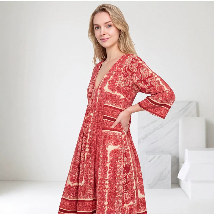 Women’s V neck midi dress with three-quarter sleeves, side pockets & flared A-line silhouette Mune Fashion