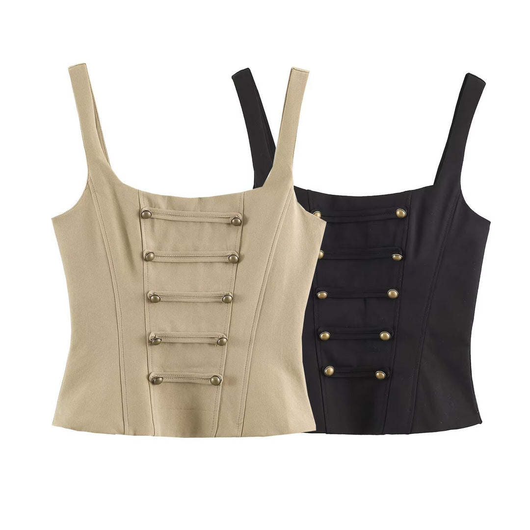 Women's Fitted Corset Top with Decorative Button Placket and Princess Seams Mune Fashion