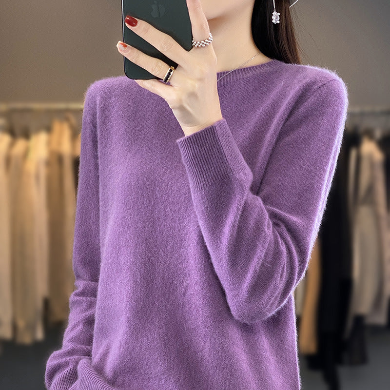 Ladies luxurious fine knit round neck sweater with soft fluffy finish and narrow cuff shape Mune Fashion