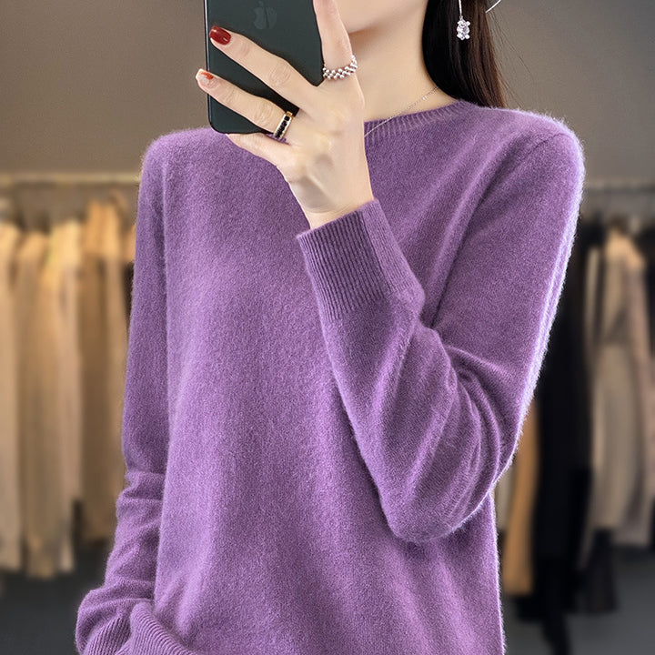 Ladies luxurious fine knit round neck sweater with soft fluffy finish and narrow cuff shape Mune Fashion