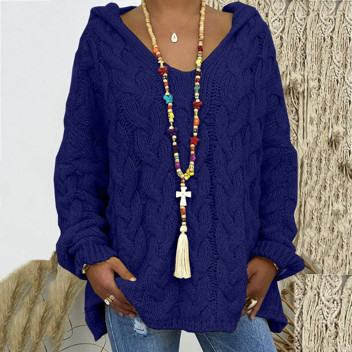 Women Oversized Cable Knit Sweater with Hood and Casual V-Neck Mune Fashion