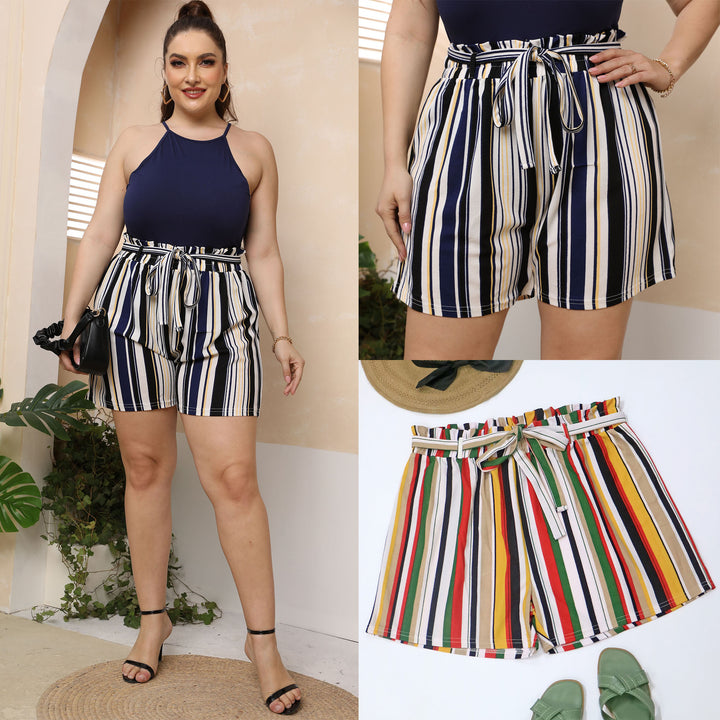 Women's striped summer shorts with elastic waistband and waist tie.