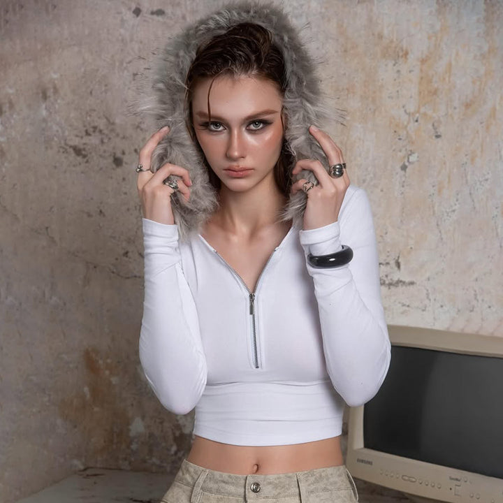 Women's cropped hoodie sweatshirt with faux fur trim, zipper, and pom-pom cords Mune Fashion