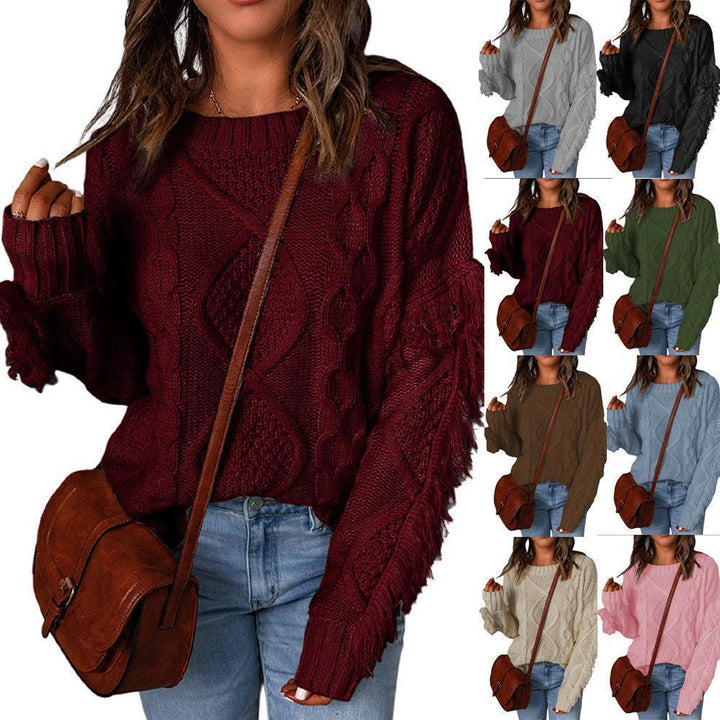 Women chunky knit sweater with cable knit structure, fringed sleeves and casual oversized fit Mune Fashion