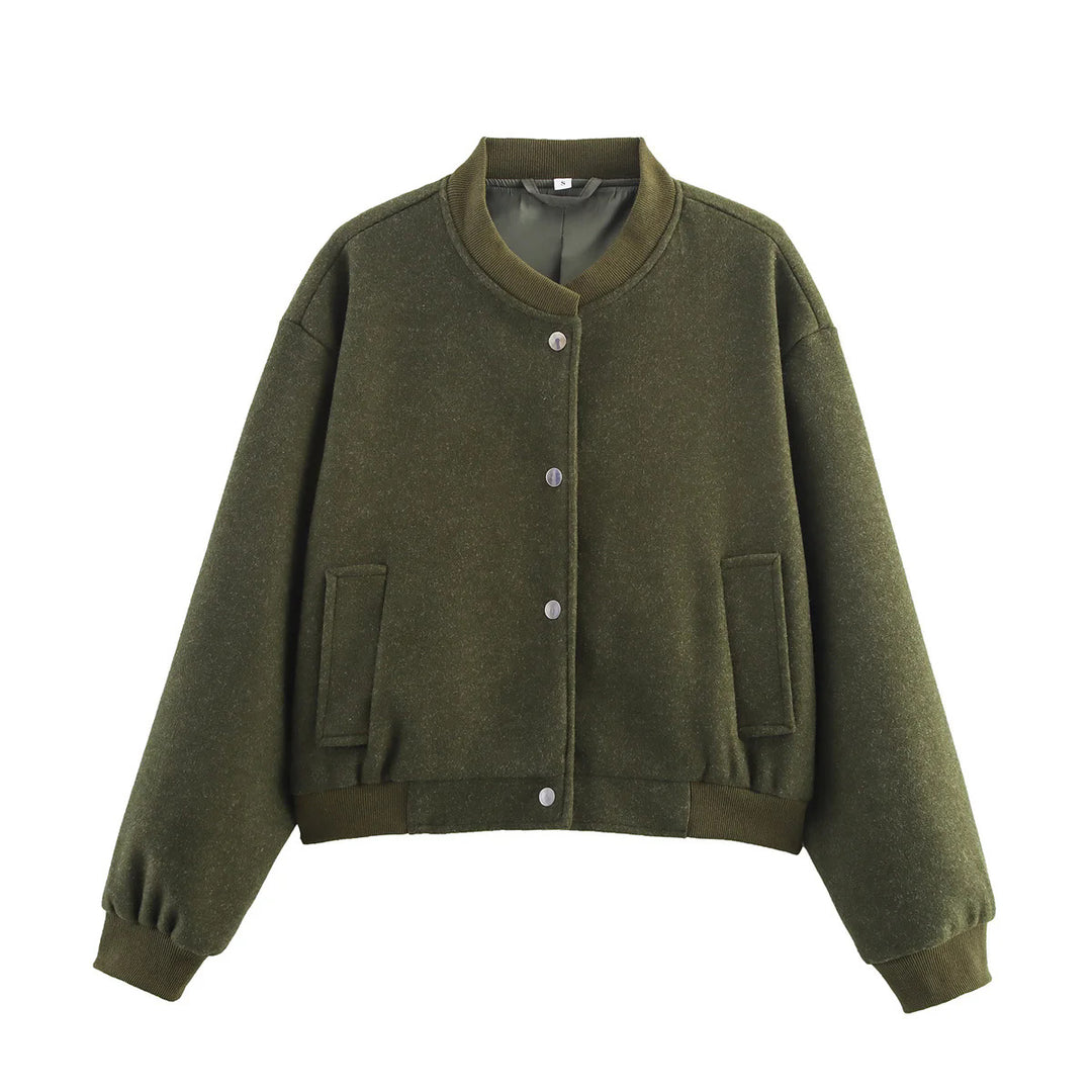 Women nan cropped boxy bomber jacket made of soft velvet imitation with ribbed cuffs and concealed snap button placket Mune Fashion