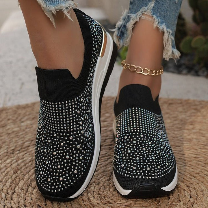 Women's knit slip-on sneakers with sparkling rhinestone trim, elastic entry, and cushioned platform sole Mune Fashion