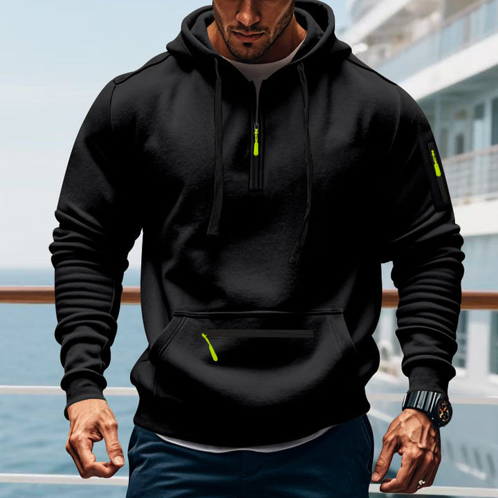 Men's nan technical half-zip outdoor hoodie with concealed kangaroo pocket, zippered arm pocket, and integrated cable channel Mune Fashion
