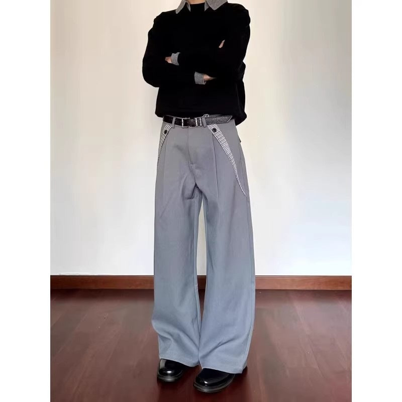 Men's Wide Suit Trousers with High Waist and Check Pattern Inserts Mune Fashion
