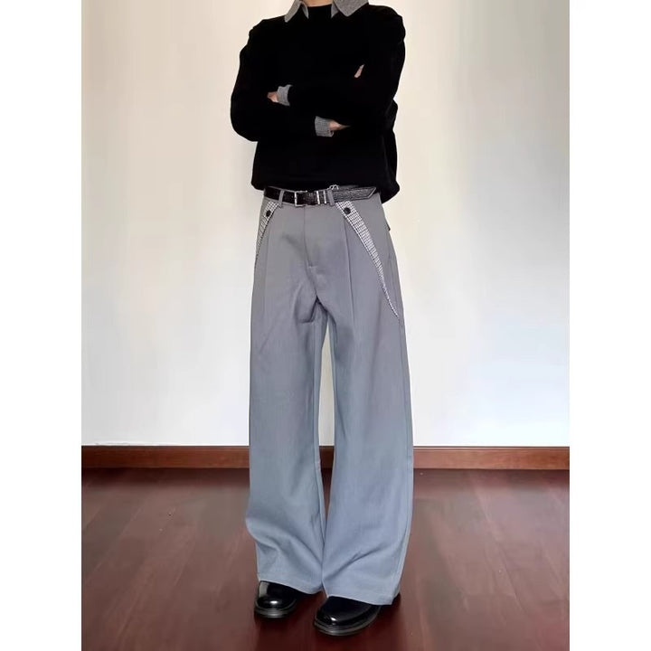 Men's Wide Suit Trousers with High Waist and Check Pattern Inserts Mune Fashion