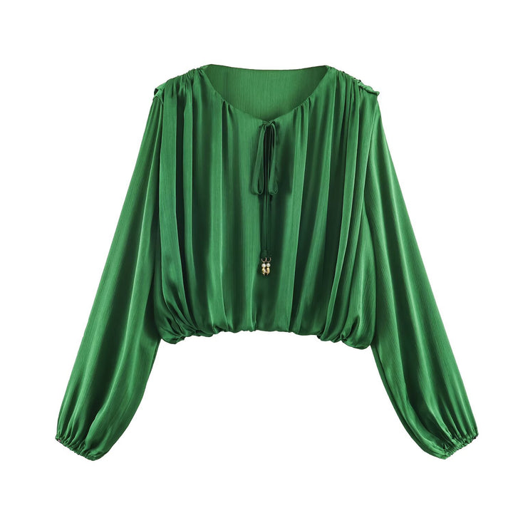 Women's airy Boho Carmen blouse with drawstring, wide balloon sleeves, and elastic hem Mune Fashion