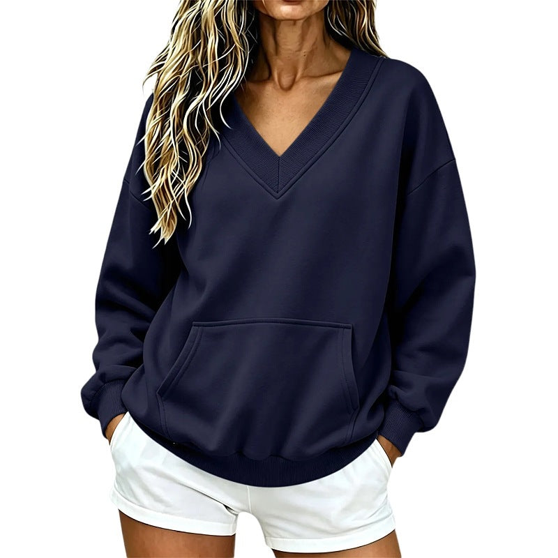 Women Oversize V-Neck Sweatshirt with Kangaroo Pocket and Ribbed Hem Mune Fashion