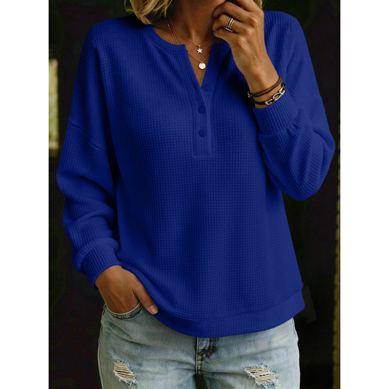 Women's Waffle Knit Henley Sweater with Oversized Cut Mune Fashion