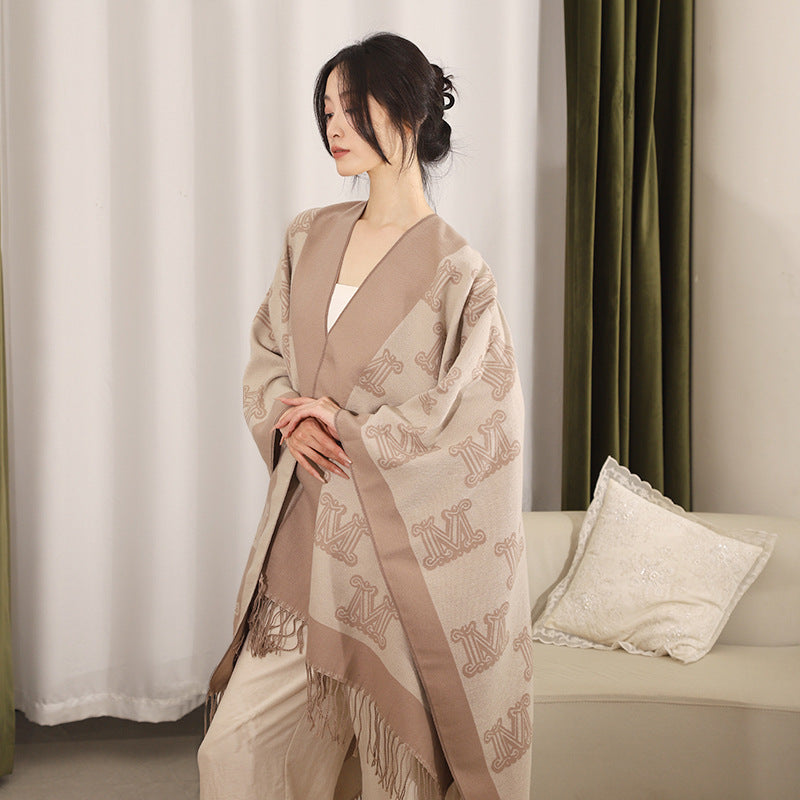 Women's Jacquard Monogram Cape with Open Sides and Fringes