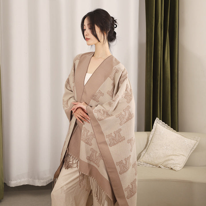 Women's Jacquard Monogram Cape with Open Sides and Fringes