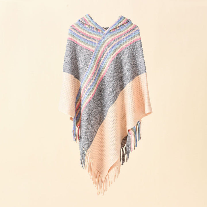 Women's Hooded Poncho in Chunky Knit with Fringe Hem Mune Fashion