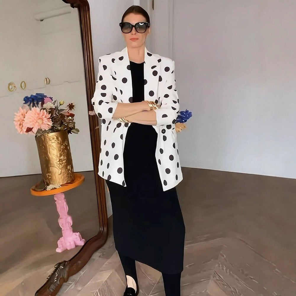 Women Polka Dot Long Blazer with Structured Shoulder and Oversized Cut Mune Fashion
