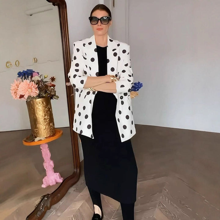 Women Polka Dot Long Blazer with Structured Shoulder and Oversized Cut Mune Fashion
