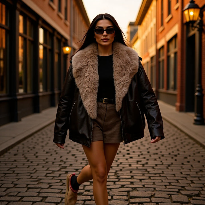 Women's short aviator-style jacket in leather look with extra-large faux fur collar and metallic zipper Mune Fashion
