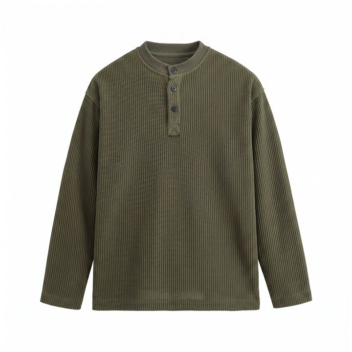 Men's waffle knit henley long sleeve shirt with button placket and relaxed fit Mune Fashion