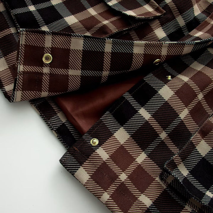 Women's Checkered Overshirt Coat with Faux Leather Collar and Waist Drawstring Mune Fashion