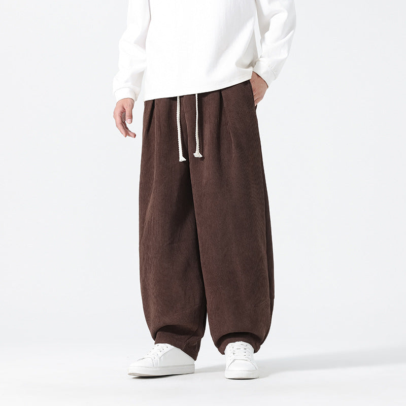 Men's Balloon Cord Pants with High Waist, Drawstring and Pleats Mune Fashion