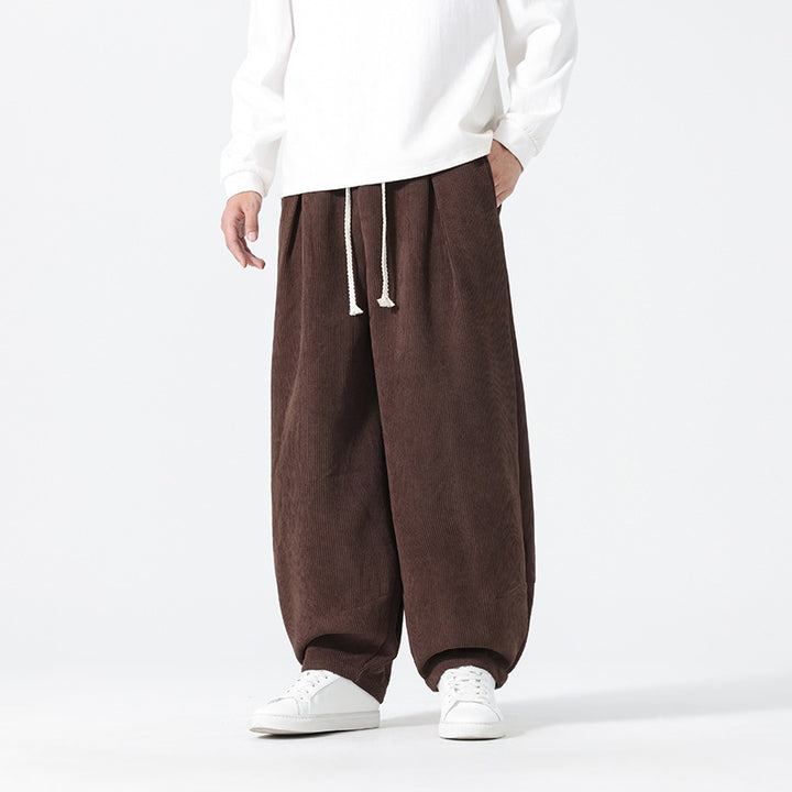 Men's Balloon Cord Pants with High Waist, Drawstring and Pleats Mune Fashion