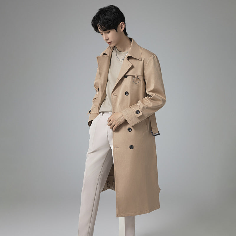 Men's Modern Tech Trench Coat with Double-Breasted Button Placket, Tie Belt and Subtle Ring Details Mune Fashion