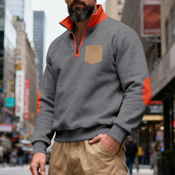 Men's Nan Quarterzip Sweatshirt with Stand-Up Collar, Contrasting Zipper, Elbow Patches, and Chest Pocket Mune Fashion
