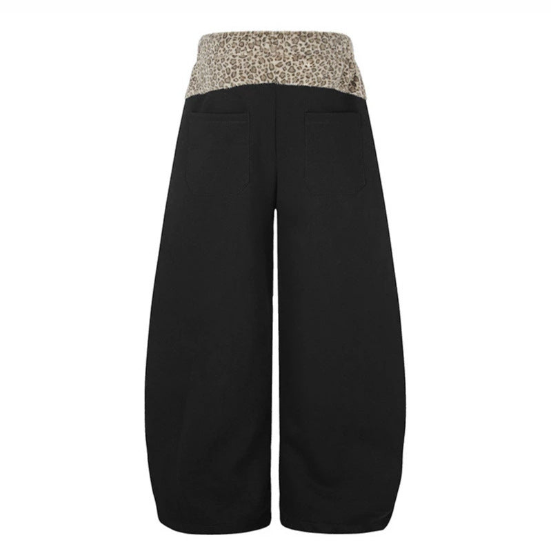 Women Extra Wide Palazzo Lounge Pants with High Comfort Waistband, Leopard Print Band and Decorative Star Number Appliqué Mune Fashion
