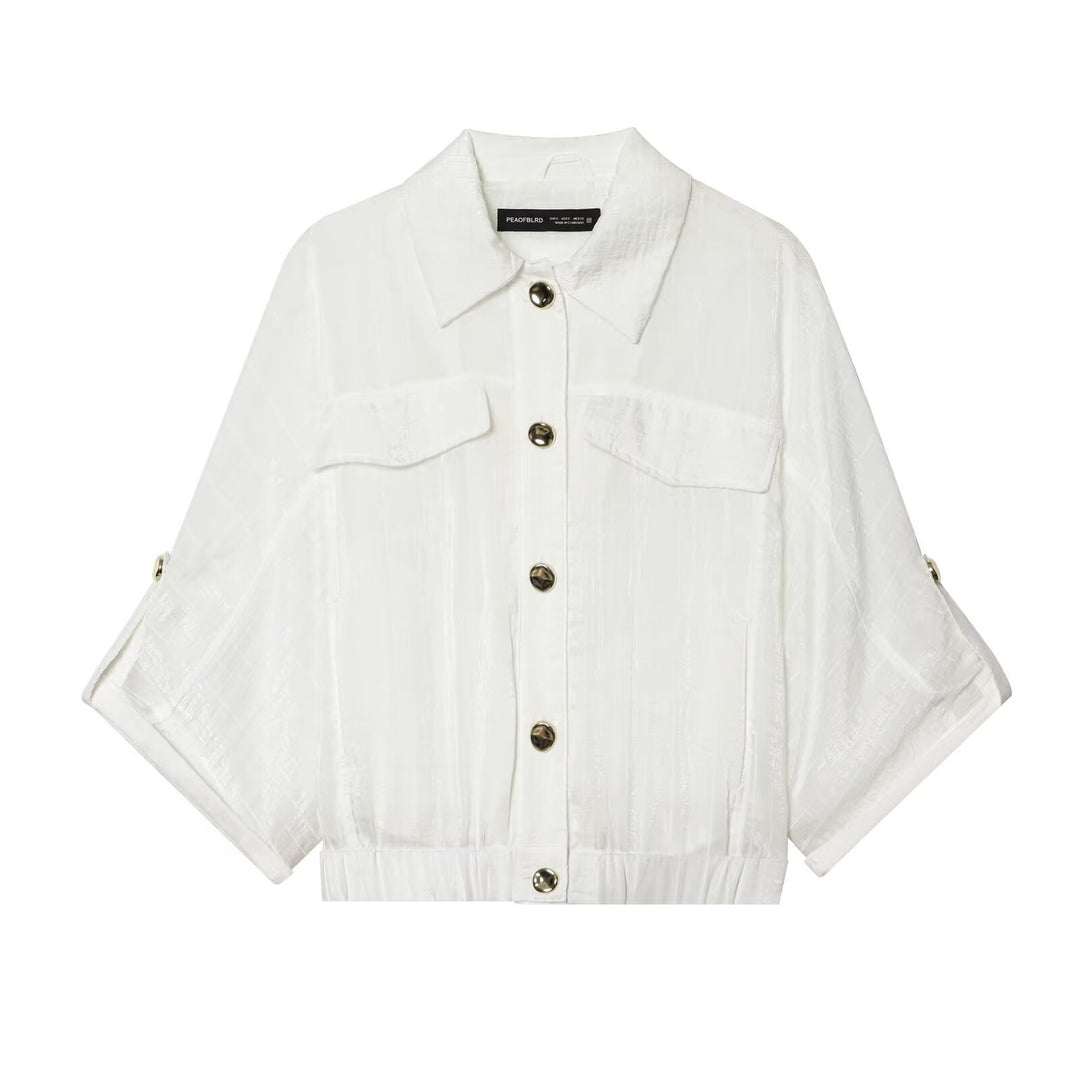 Women's Cropped Shirt Blouse with Batwing Sleeves, Breast Pockets and Elastic Waistband Mune Fashion