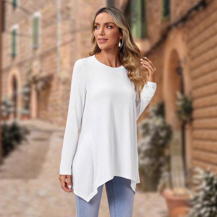 Women's Long A-Line Tunic Top with Round Neck and Asymmetrical Hem Drune