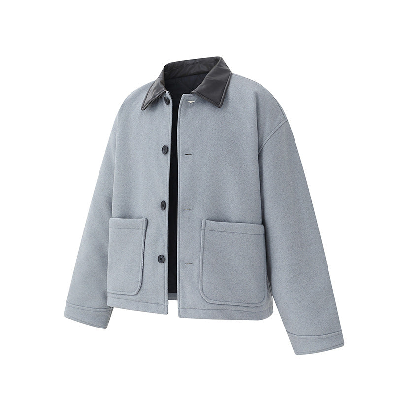 Unisex Short Blouson in minimalist Workwear look made of wool blend with leather look collar Mune Fashion