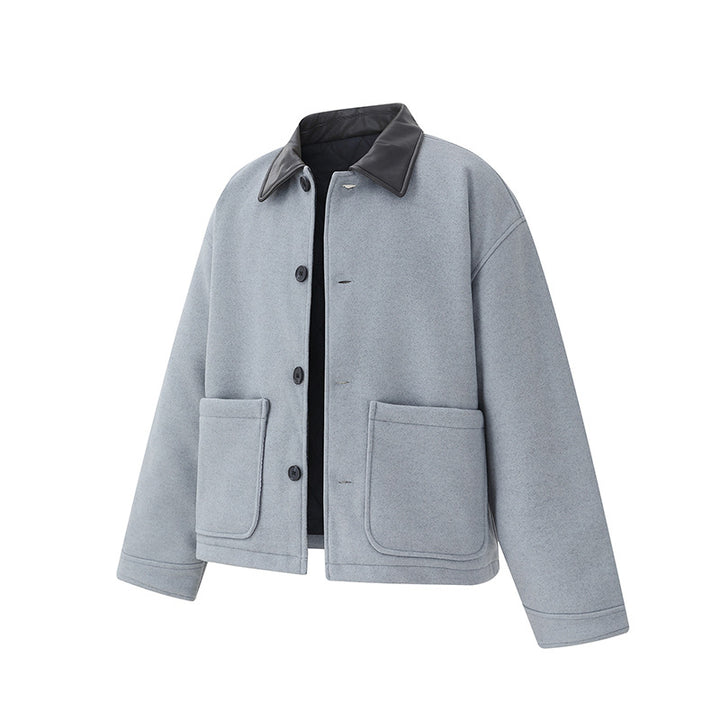 Unisex Short Blouson in minimalist Workwear look made of wool blend with leather look collar Mune Fashion