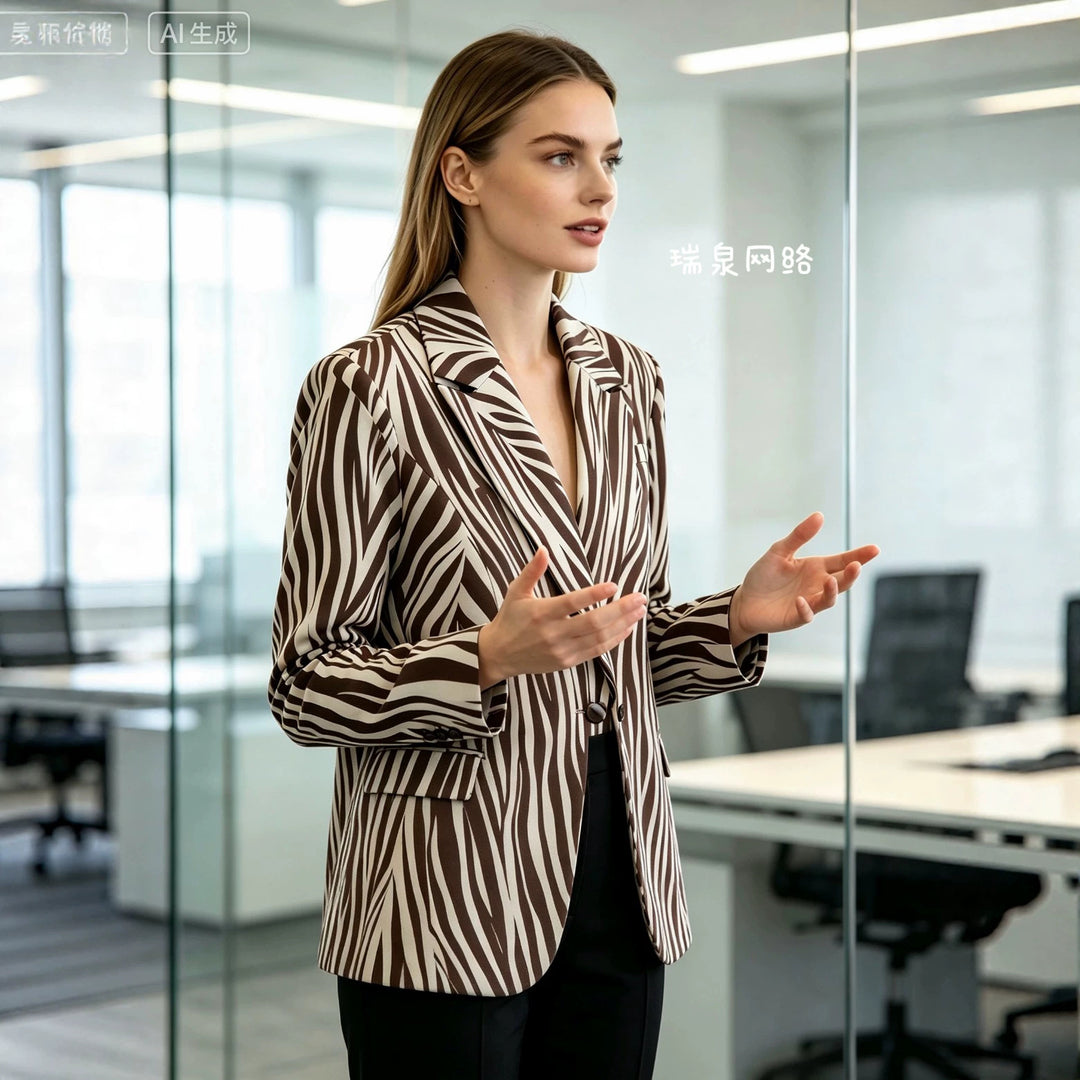 Women Tailored Zebra Print Blazer with Notched Lapel and Flap Pockets Mune Fashion