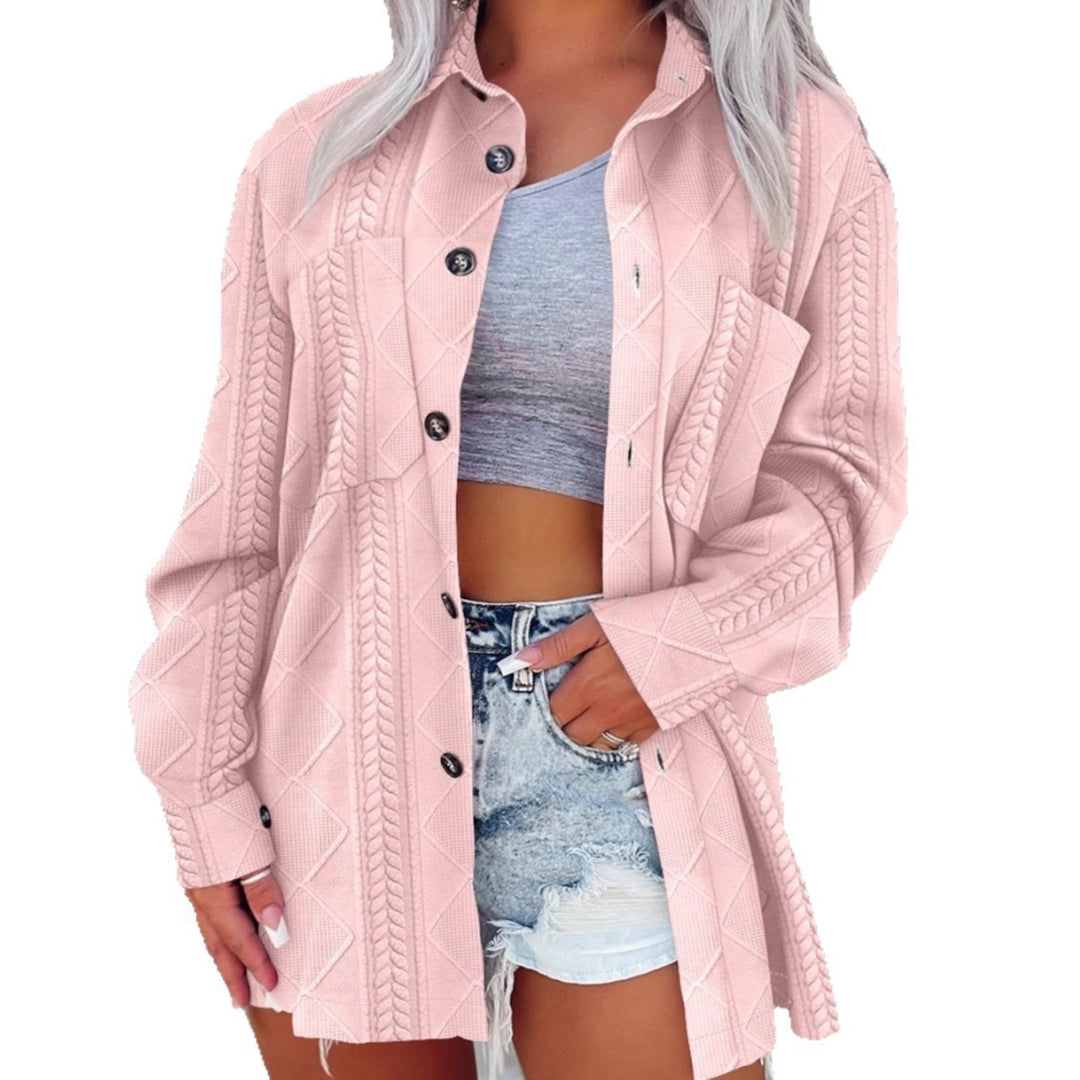 Women Oversize Knit Shirt Jacket with Cable Knit, Chest Pocket and Button Placket Mune Fashion