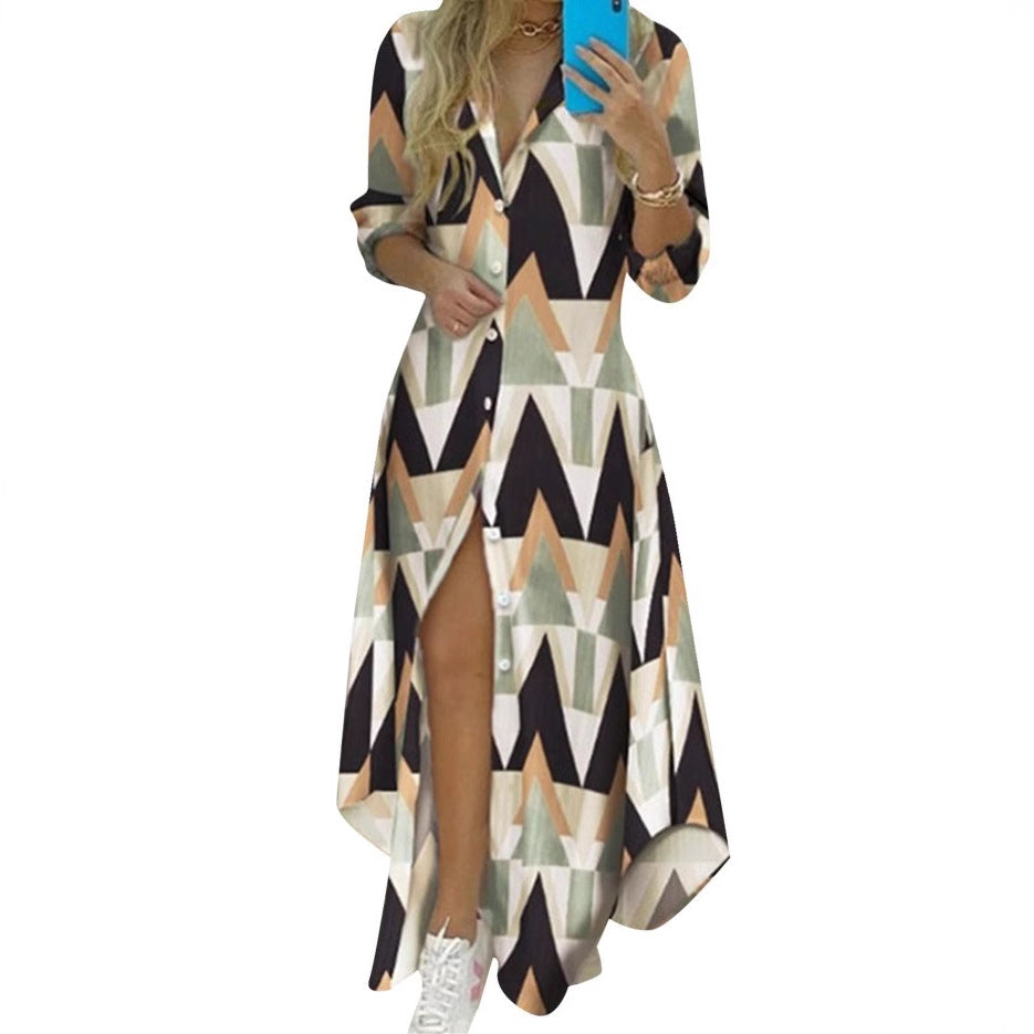 Women's buttoned maxi shirt dress with geometric pattern, V-neck, Kent collar, and high side slit Mune Fashion