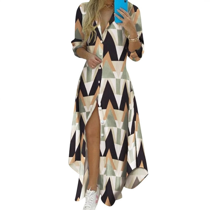 Women's buttoned maxi shirt dress with geometric pattern, V-neck, Kent collar, and high side slit Mune Fashion