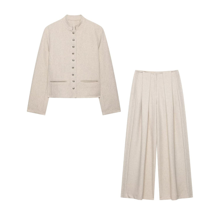 Ladies short jacket with stand-up collar, decorative button placket and piped pockets Mune Fashion