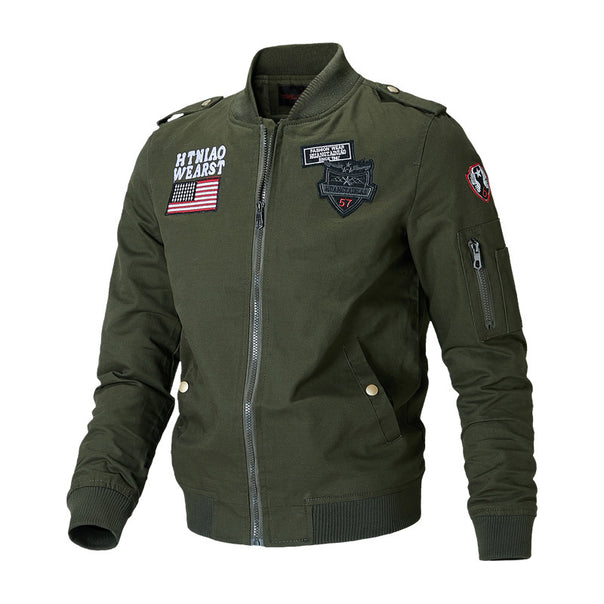 Men's military-inspired bomber jacket with embroidered patches, arm pocket, shoulder epaulettes, and durable cotton twill Mune Fashion