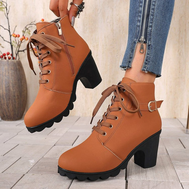 Women ankle-high lace-up ankle boots with side zipper, decorative belt loop, medium-high block heel, and strong-profiled outsole Mune Fashion