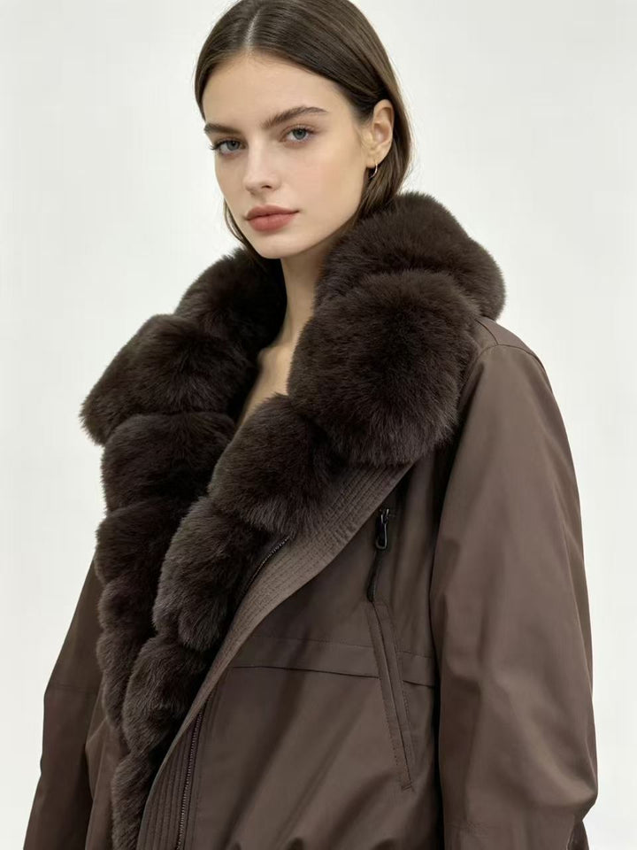 Women's tailored parka bomber jacket with voluminous faux fur collar and windproof outer shell Mune Fashion