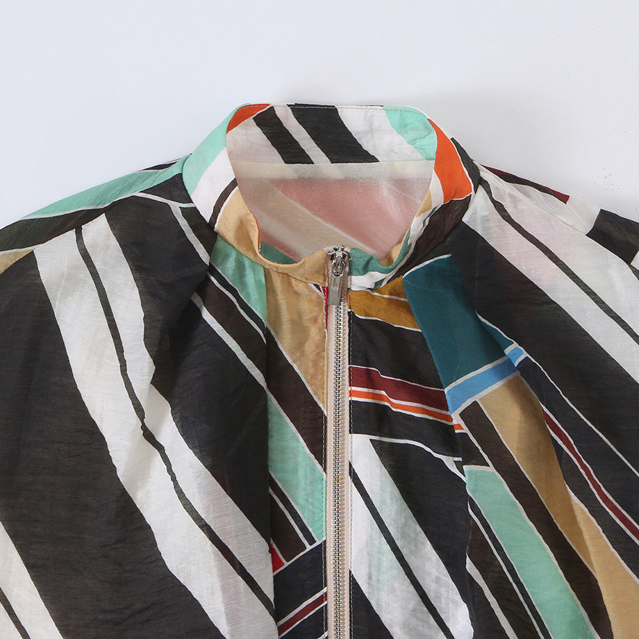 Ladies Lightweight Oversized Bomber Jacket with Geometric Print, Balloon Sleeves and Zip