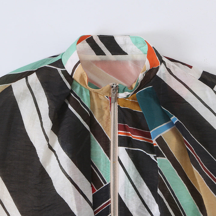 Ladies Lightweight Oversized Bomber Jacket with Geometric Print, Balloon Sleeves and Zip