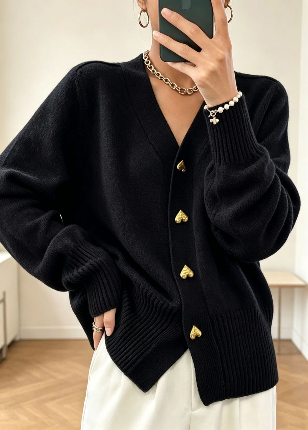 Women Oversize V-Neck Knit Cardigan with Heart-Shaped Decorative Buttons Mune Fashion