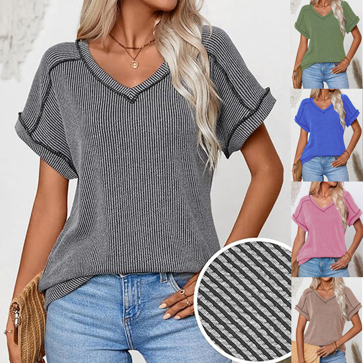 Women Ribbed V-Neck Short Sleeve Fine Knit Top with Turned Up Sleeves Mune Fashion