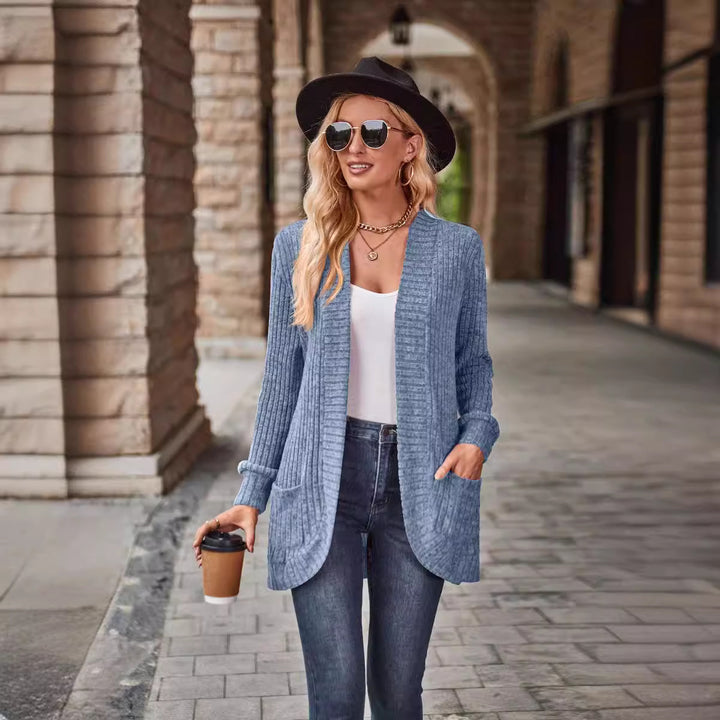Women's longer ribbed cardigan with patch pockets and open front Mune Fashion